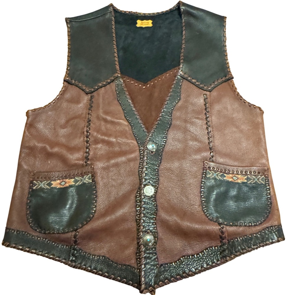 Vintage Rolling Thunder Handcrafted Leather Vest Southwestern Whipstitch Western